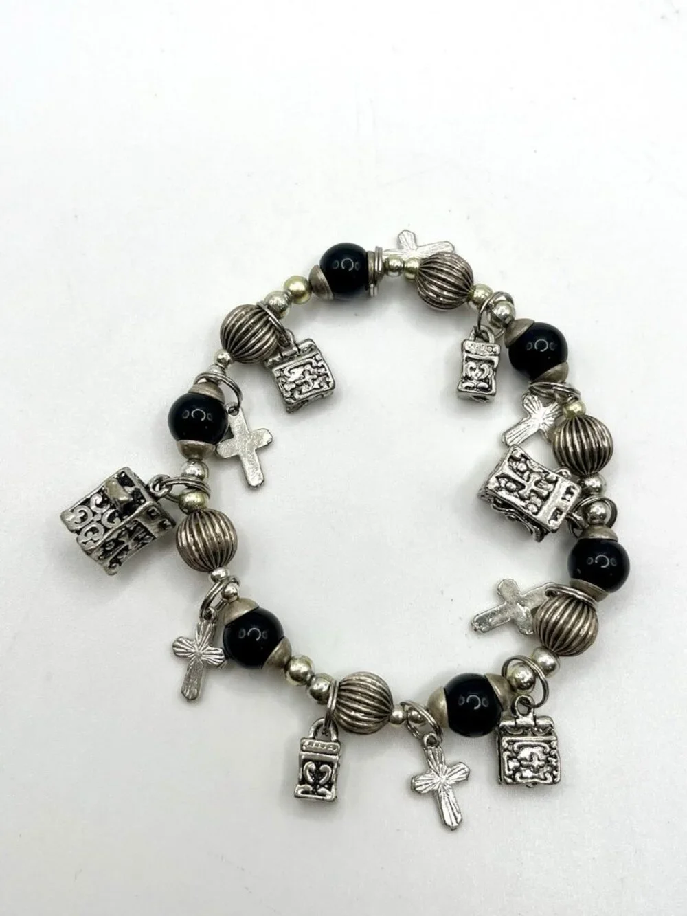 VTG Christian Charm Stretch Bracelet Silver Tone Cross Bible Religious Glass